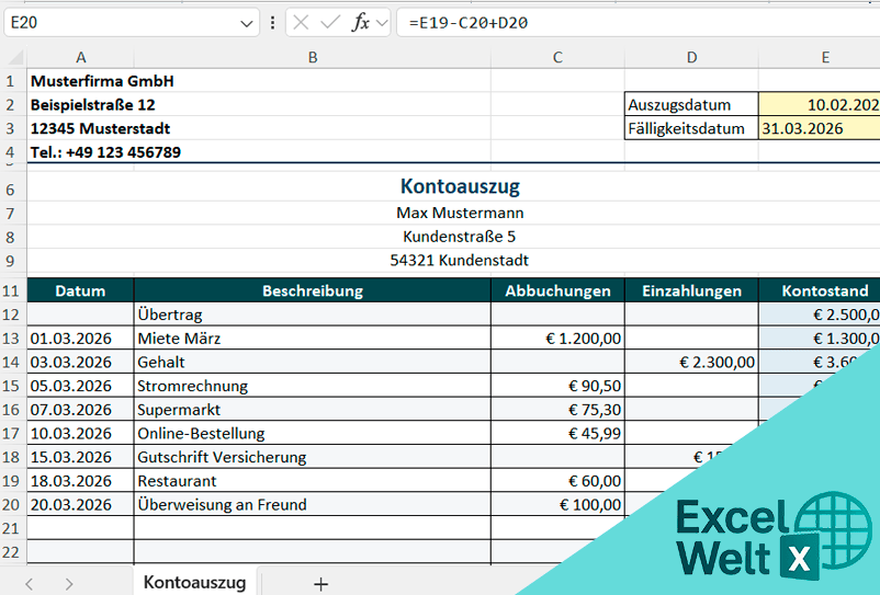 kontoauszug muster excel vorlage