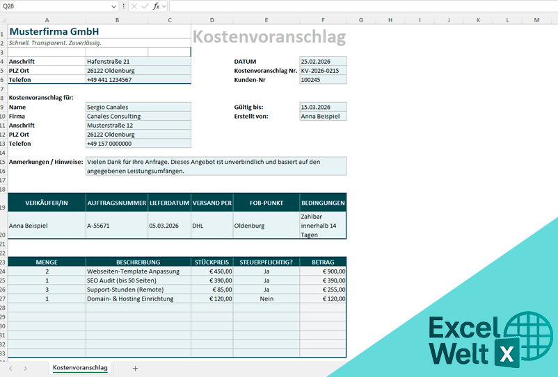 kostenvoranschlag excel vorlage