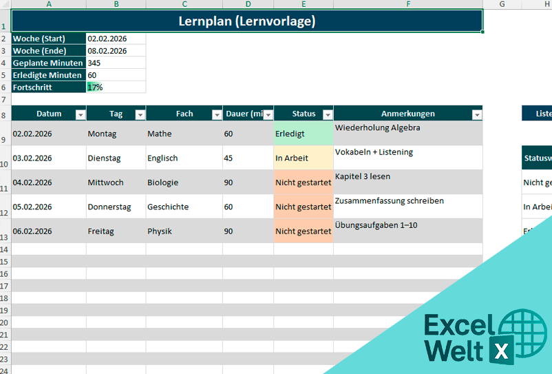 lernplan excel vorlage kostenlos
