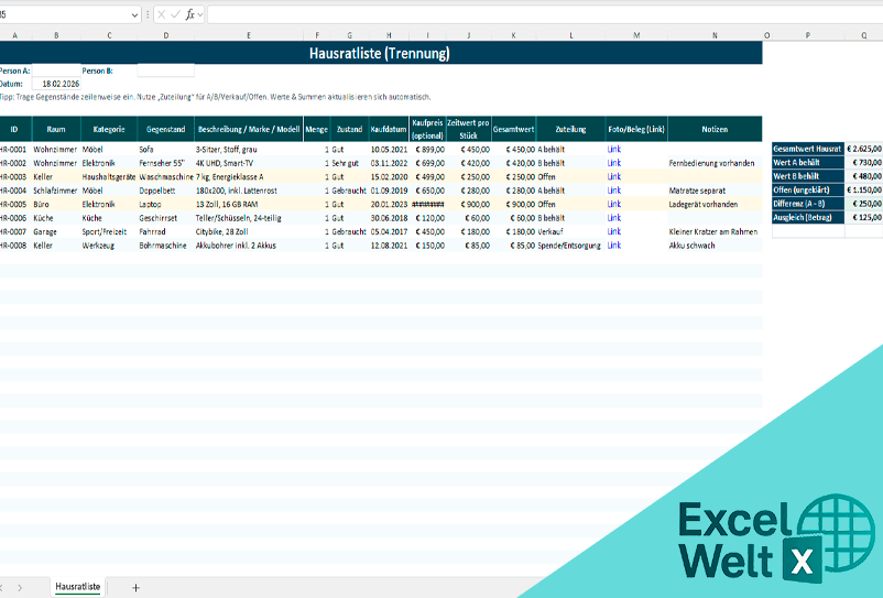 liste hausrat trennung vorlage kostenlos