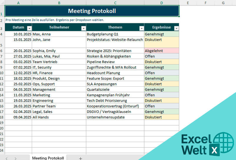 meeting protokoll excel vorlage