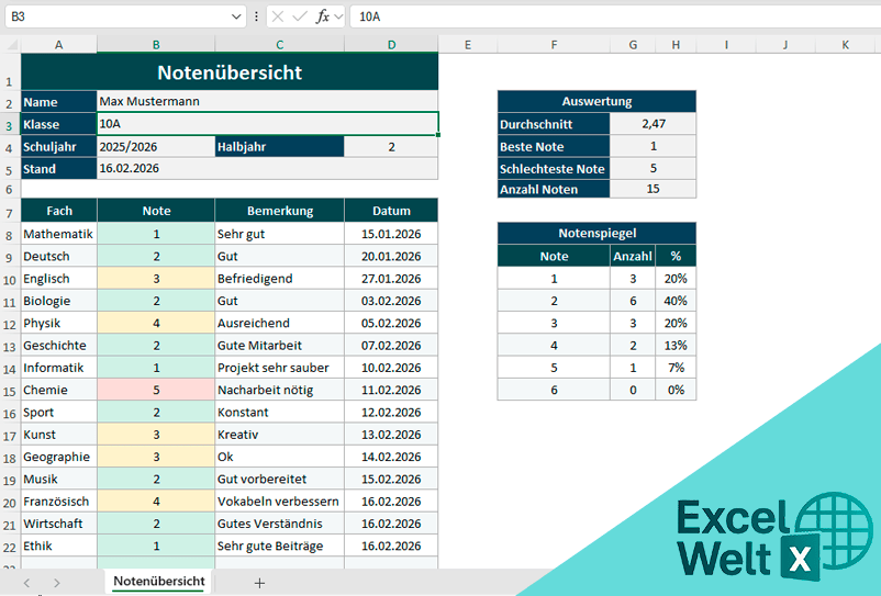 notenübersicht excel vorlage kostenlos