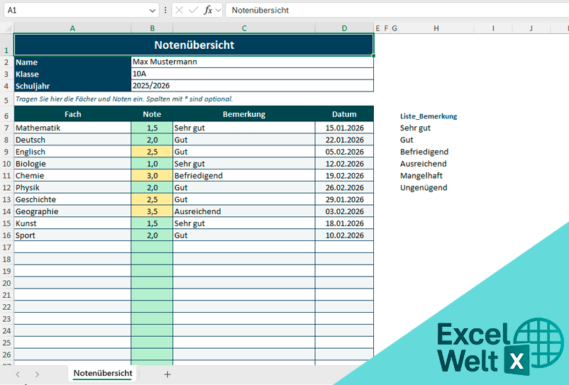 notenübersicht excel vorlage