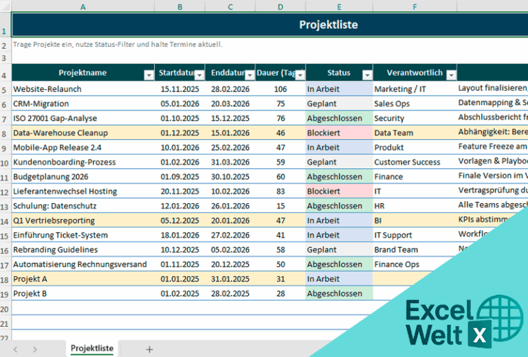 Projektliste Vorlage Excel Einfach Projekte planen
