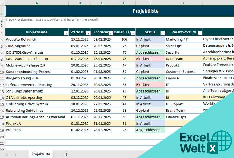 projektliste vorlage
