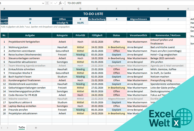 Excel To do Liste Vorlage Einfach Ausf llen Erledigen