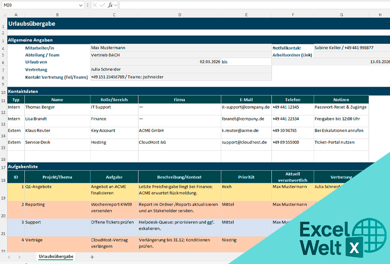 urlaubsübergabe excel vorlage kostenlos