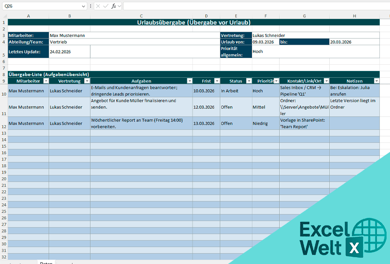 urlaubsübergabe excel vorlage