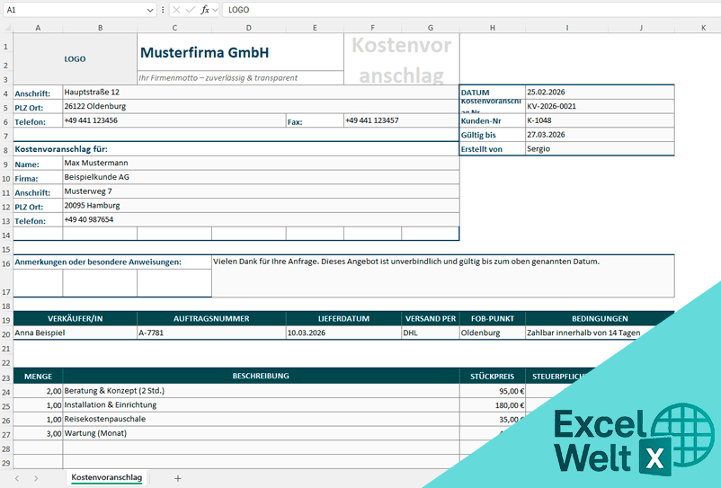 vorlage für kostenvoranschlag