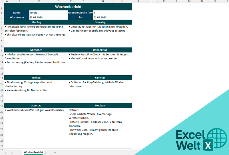wochenbericht excel vorlage