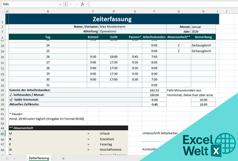 zeiterfassung excel vorlage