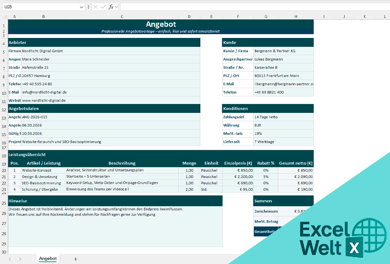 Angebot excel vorlage gratis