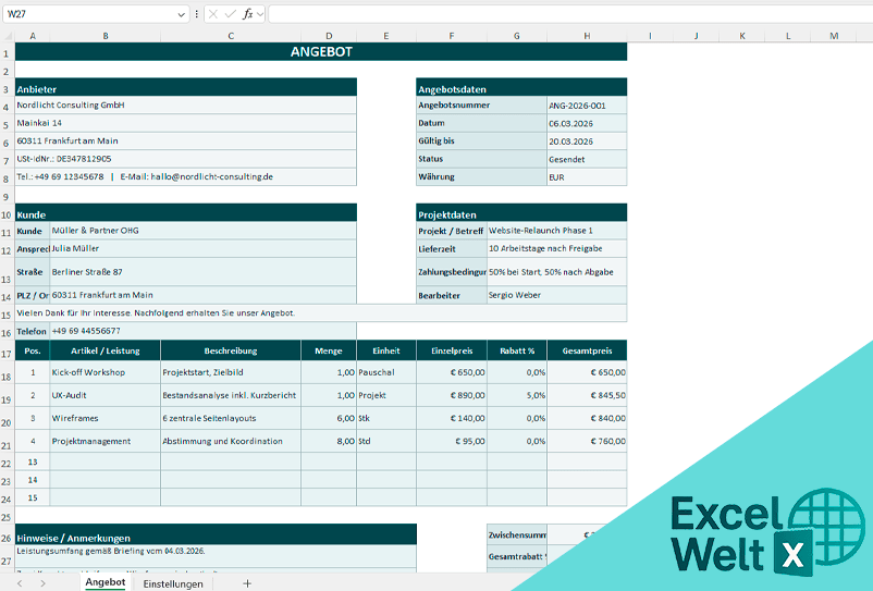Angebot excel vorlage kostenlos