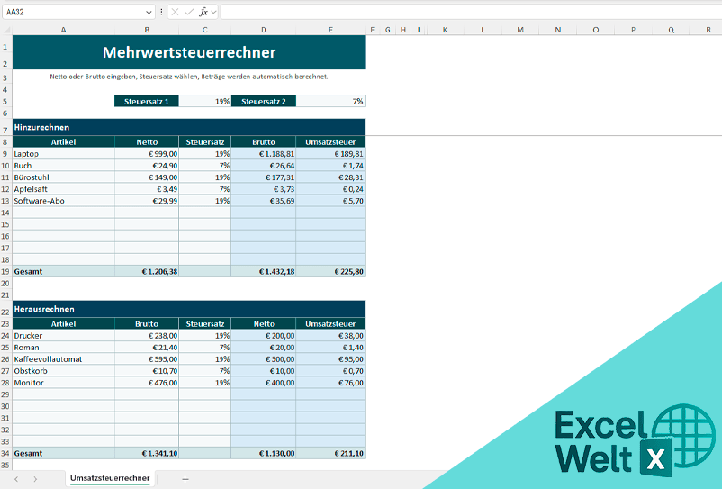 Umsatzsteuerrechner excel vorlage gratis
