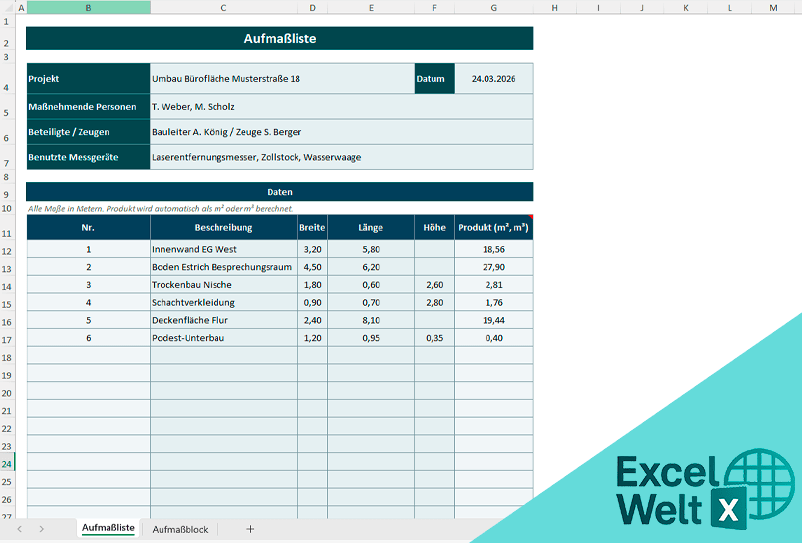 aufmaß vorlage excel gratis