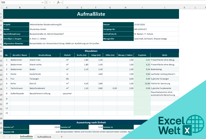 aufmaß vorlage excel kostenlos