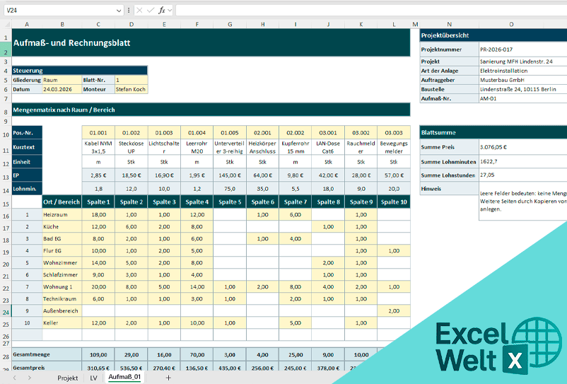 aufmaß vorlage excel