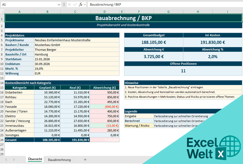 bauabrechnung excel vorlage