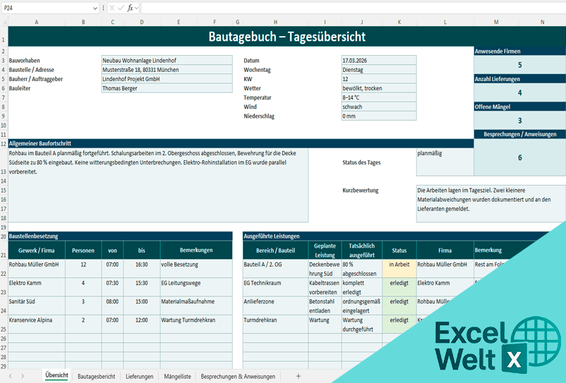 bautagebuch excel vorlage kostenlos