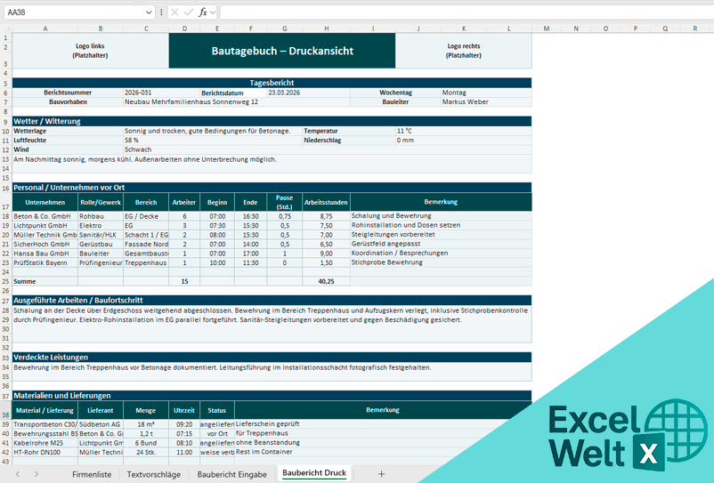 bautagebuch excel vorlage