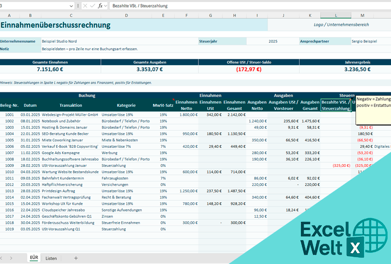 einnahmenüberschussrechnung vorlage excel kostenlos