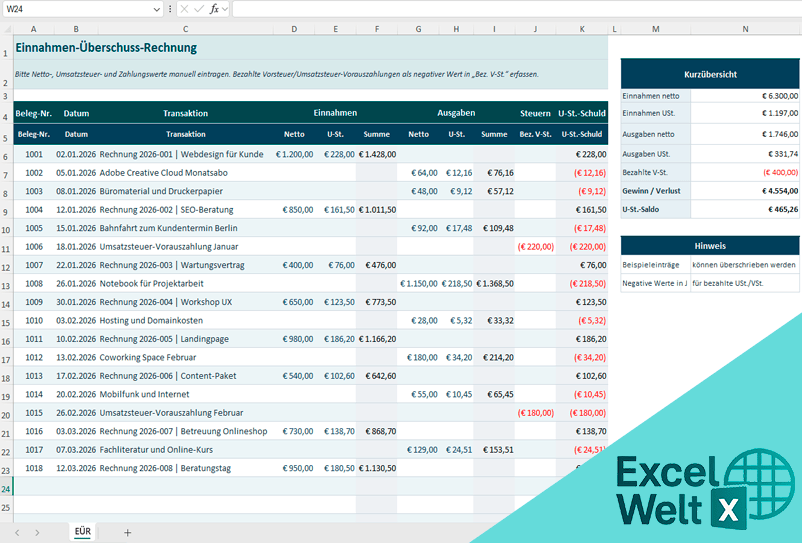 einnahmenüberschussrechnung vorlage excel