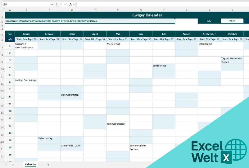 ewiger kalender excel vorlage kostenlos