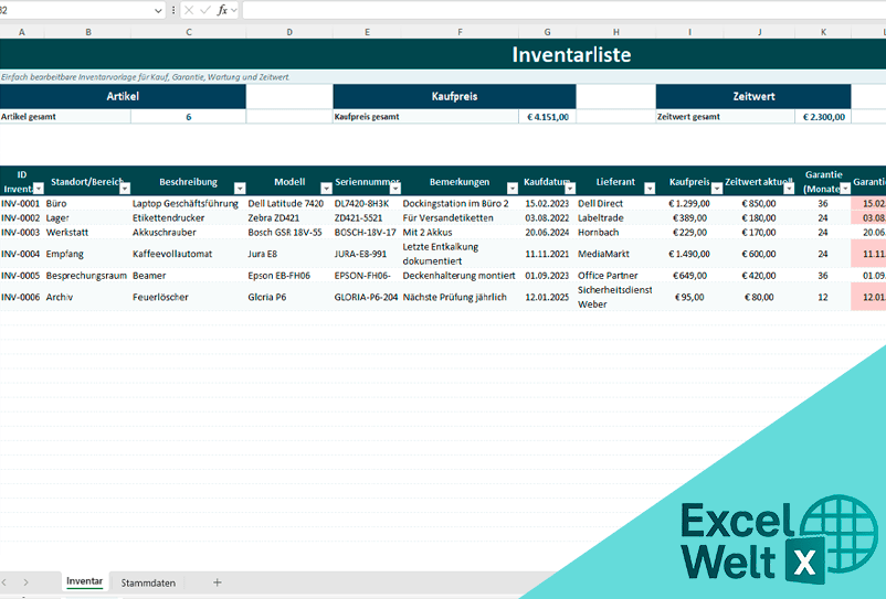 inventarliste excel vorlage