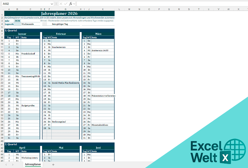 jahreskalender excel vorlage