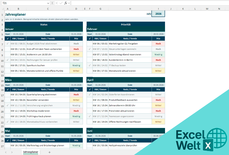 jahreskalender vorlage excel​