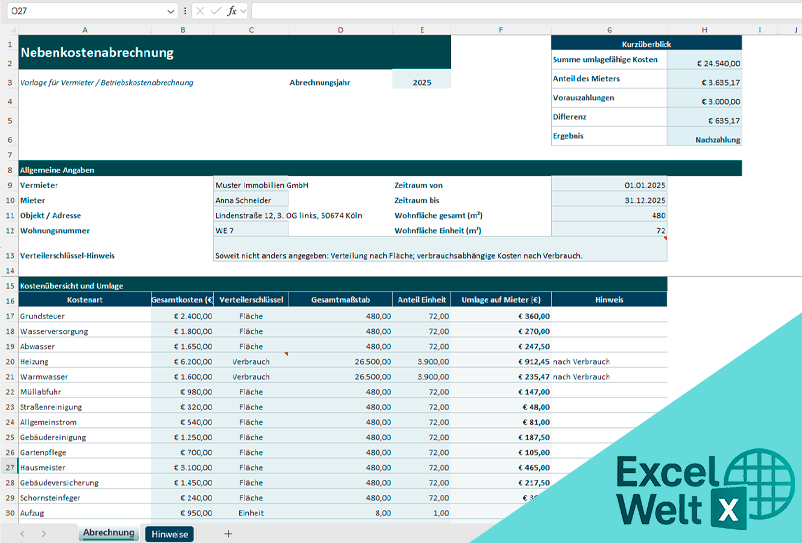 nebenkostenabrechnung excel vorlage gratis