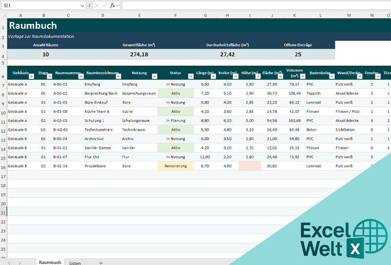 raumbuch excel vorlage