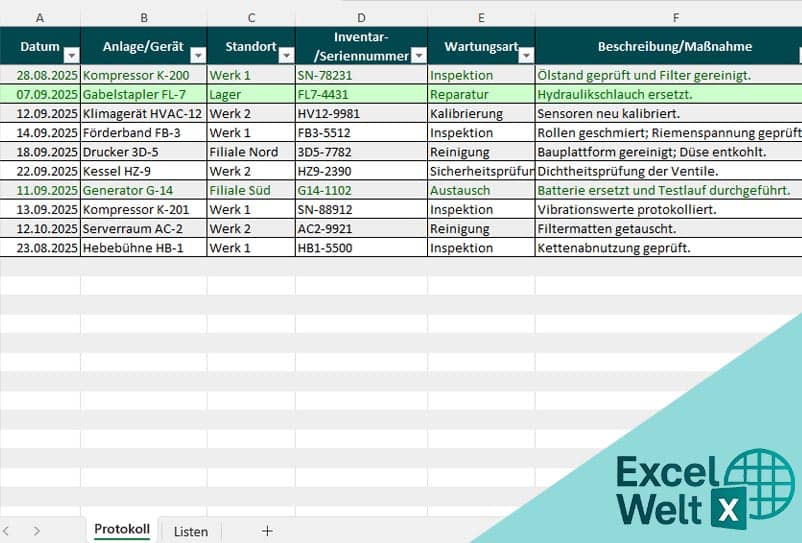 wartungsprotokoll vorlage excel
