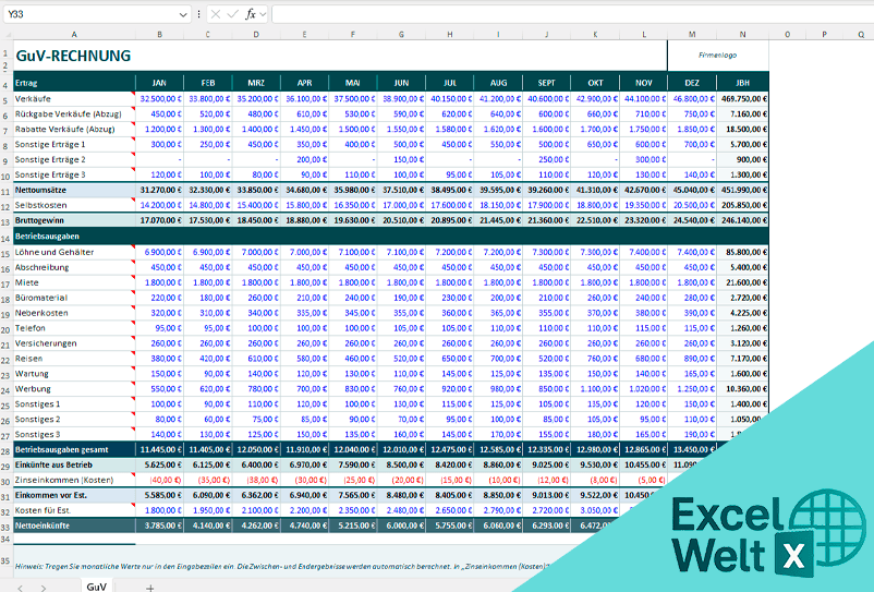 Gewinn- und Verlustrechnung excel vorlage kostenlos