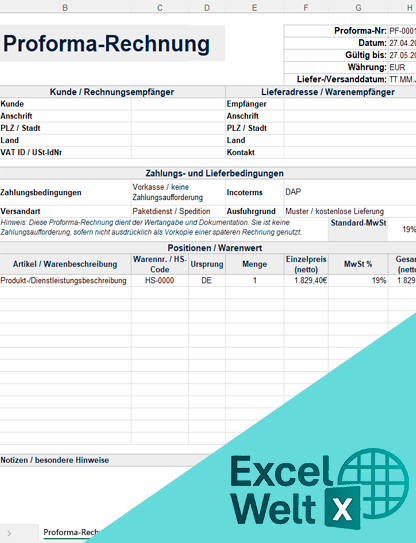 Pro-forma-Rechnung excel vorlage kostenlos