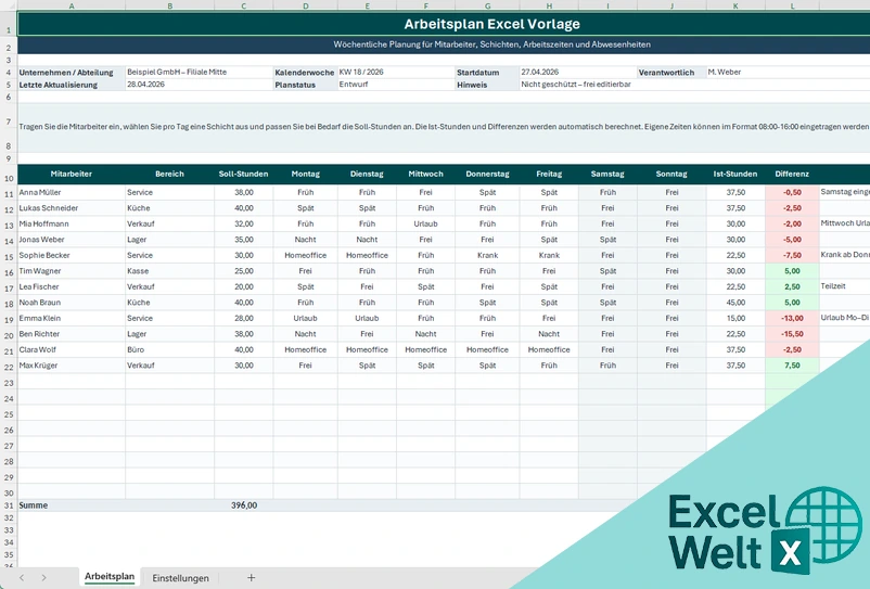 arbeitsplan excel vorlage