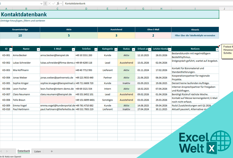 datenbank excel vorlage gratis