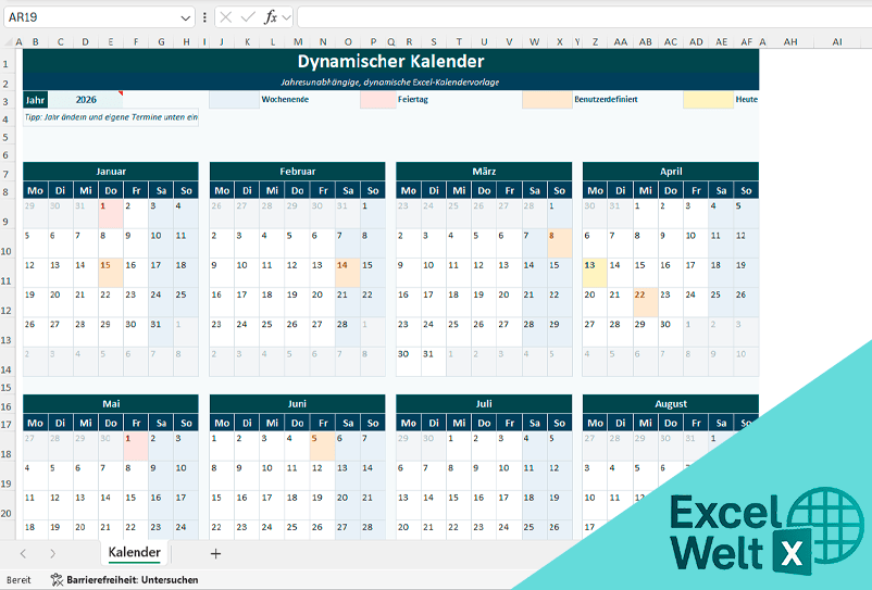 dynamischer kalender excel vorlage kostenlos
