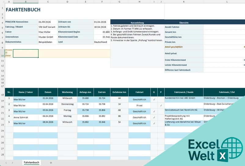 fahrtenbuch excel vorlage kostenlos