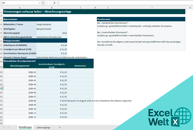 firmenwagen zuhause laden abrechnung excel vorlage