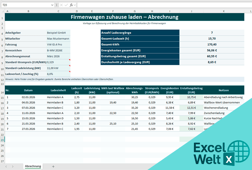 firmenwagen zuhause laden abrechnung vorlage excel kostenlos
