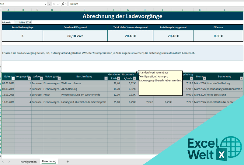 firmenwagen zuhause laden abrechnung vorlage excel