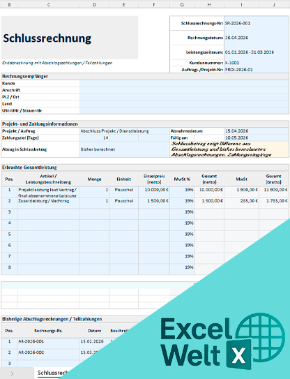 schlussrechnung excel vorlage kostenlos