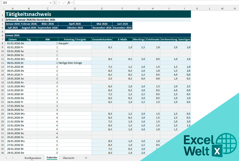 tätigkeitsnachweis excel vorlage