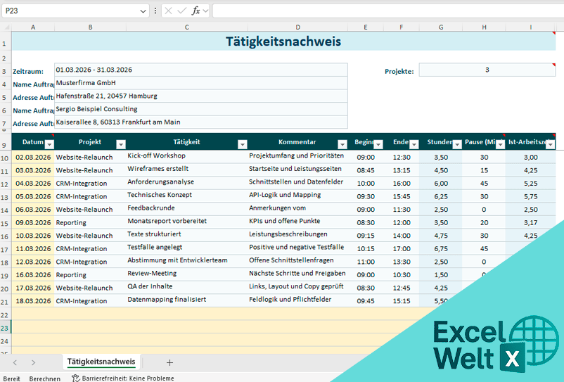 tätigkeitsnachweis vorlage excel kostenlos
