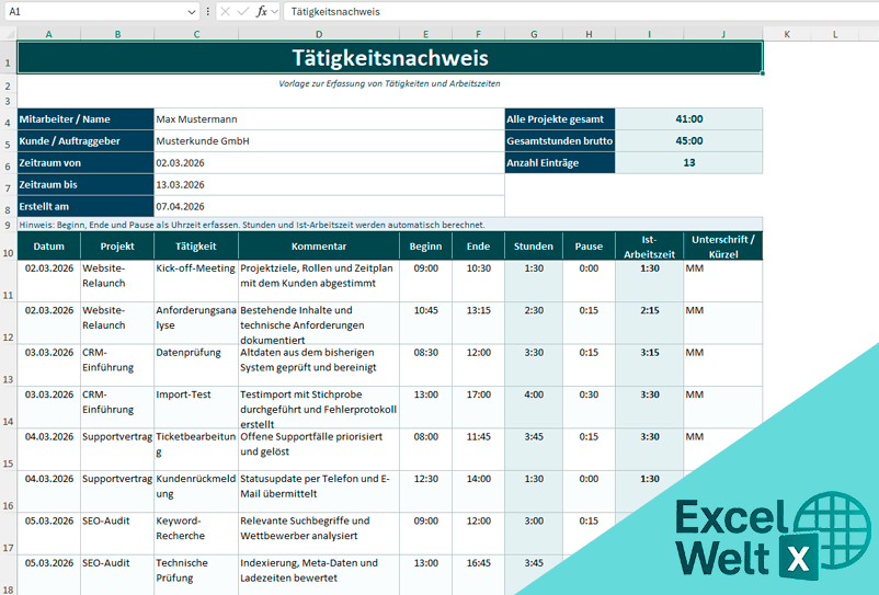 tätigkeitsnachweis vorlage excel