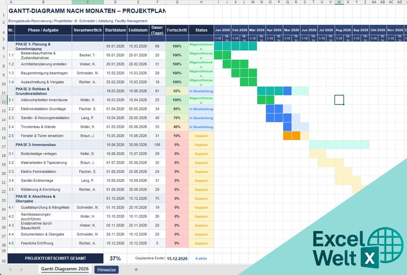 Gantt-Diagramm in Excel nach Monaten