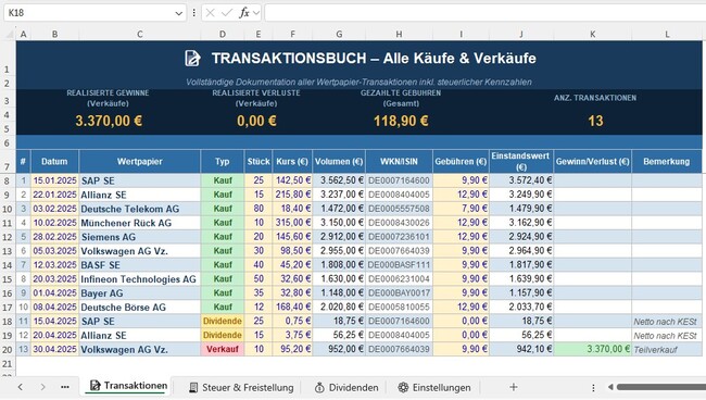 aktien excel-vorlage mit transaktionen