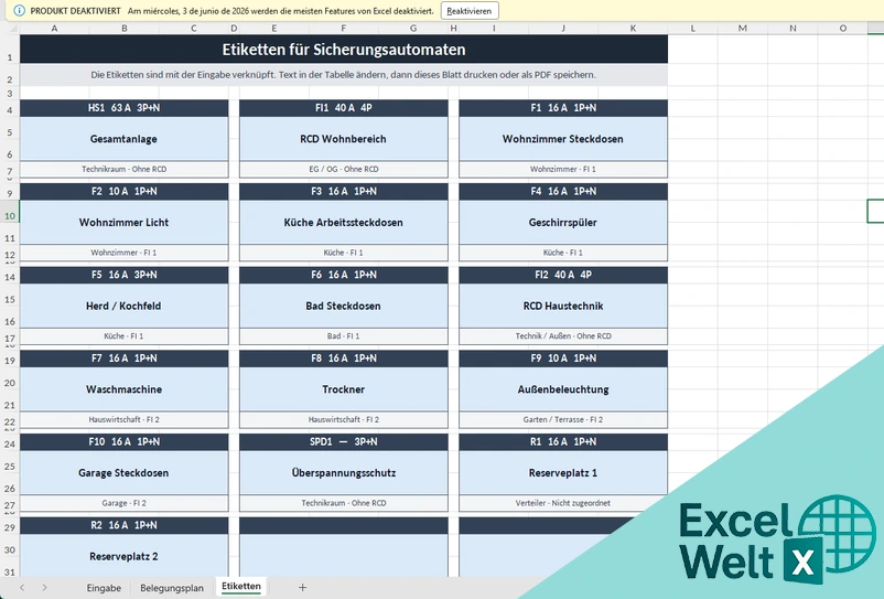 beschriftung sicherungskasten excel