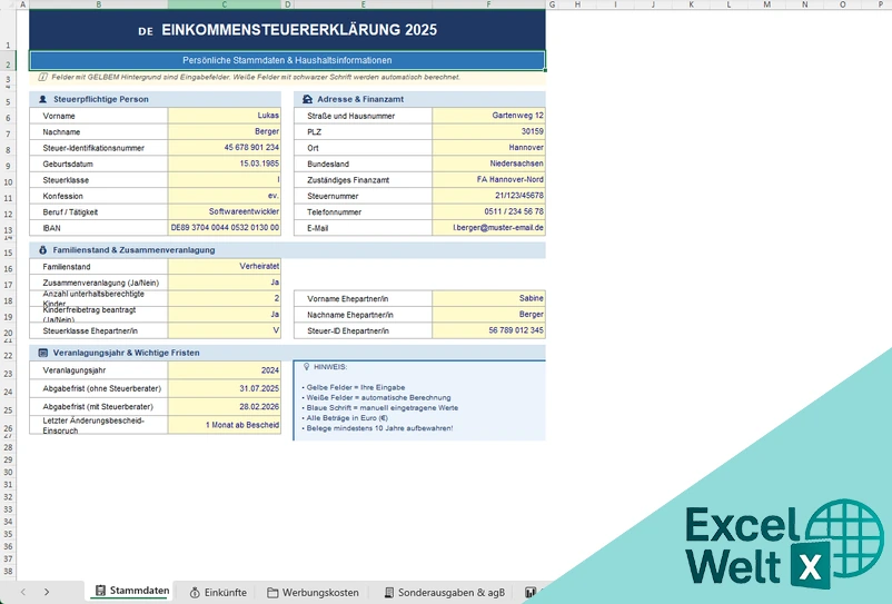 einkommensteuererklärung excel vorlage kostenlos